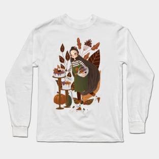 Cute Autumn Baker Girl Digital Art Long Sleeve T-Shirt